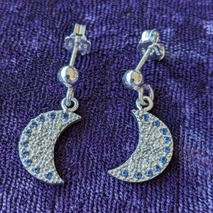 925 Sterling Silver Celestial Crescent Moon Drop Earrings